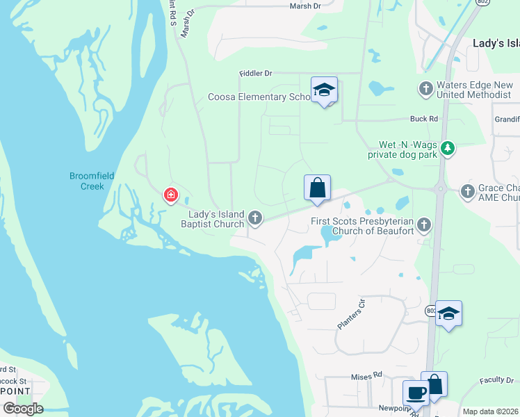 map of restaurants, bars, coffee shops, grocery stores, and more near 111 Brickyard Point Road South in Beaufort