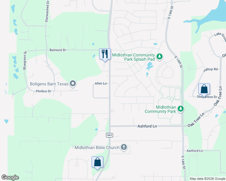 map of restaurants, bars, coffee shops, grocery stores, and more near 3611 FM 664 in Midlothian
