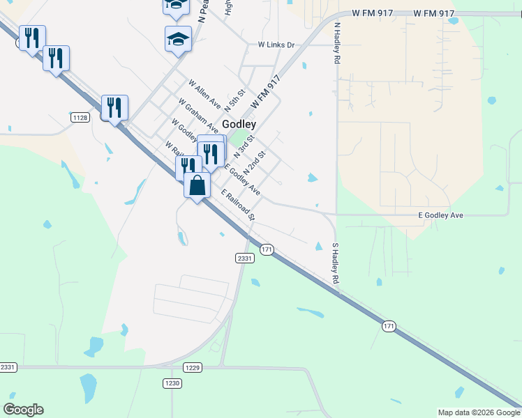 map of restaurants, bars, coffee shops, grocery stores, and more near 312 East Godley Avenue in Godley