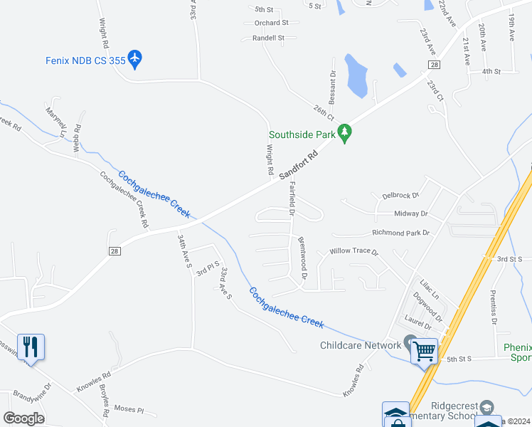 map of restaurants, bars, coffee shops, grocery stores, and more near 21 Ryan Loop in Phenix City