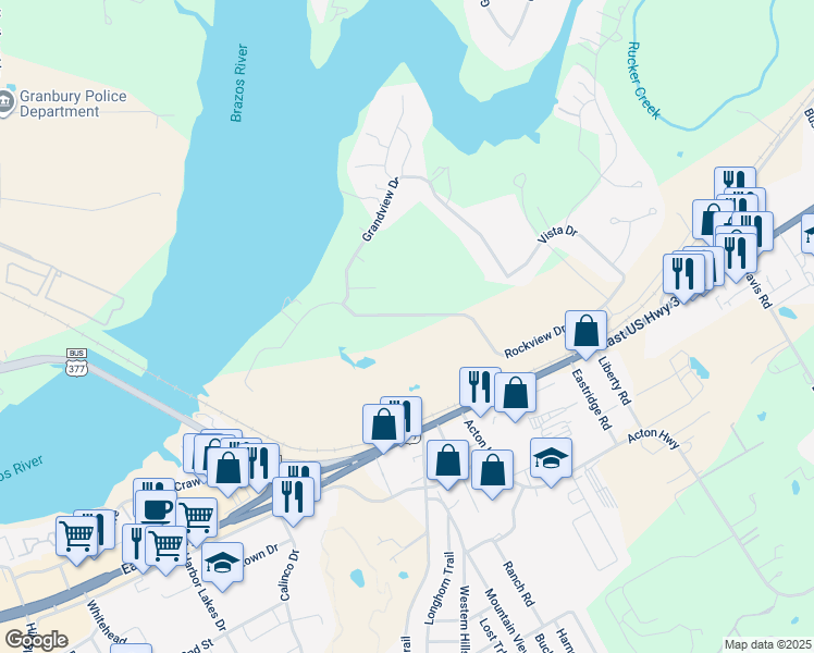map of restaurants, bars, coffee shops, grocery stores, and more near 1717 Rockview Drive in Granbury