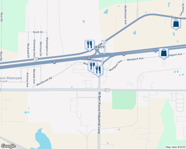 map of restaurants, bars, coffee shops, grocery stores, and more near 6910 West Bert Kouns Industrial Loop in Shreveport