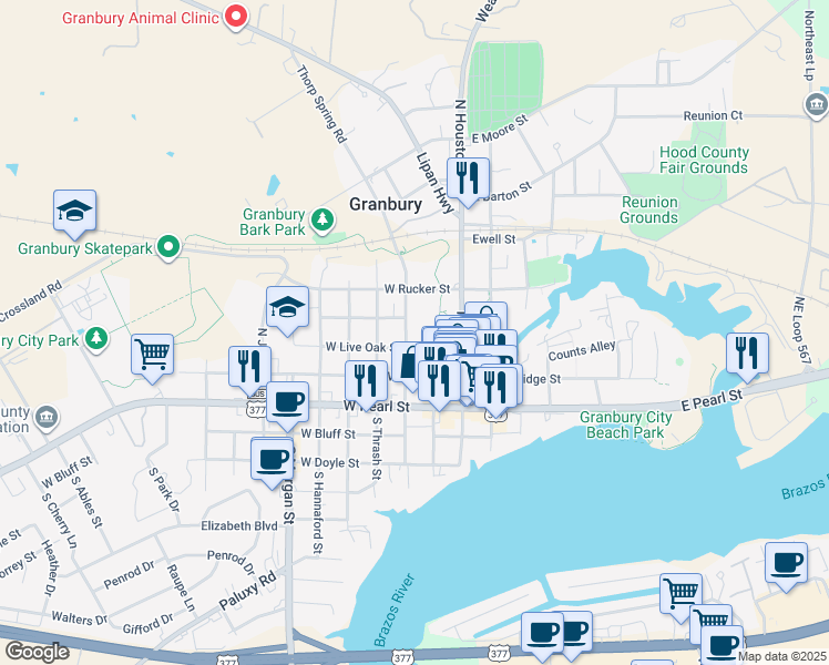 map of restaurants, bars, coffee shops, grocery stores, and more near 226 North Travis Street in Granbury