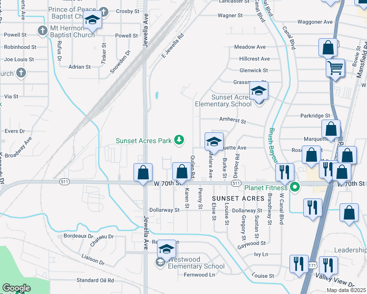 map of restaurants, bars, coffee shops, grocery stores, and more near 6660 Quilen Road in Shreveport