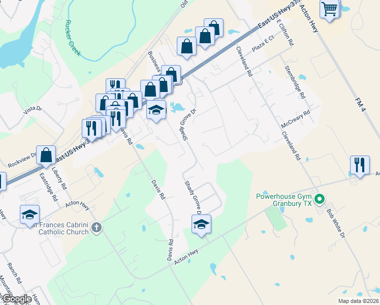 map of restaurants, bars, coffee shops, grocery stores, and more near 603 Shady Grove Drive in Granbury