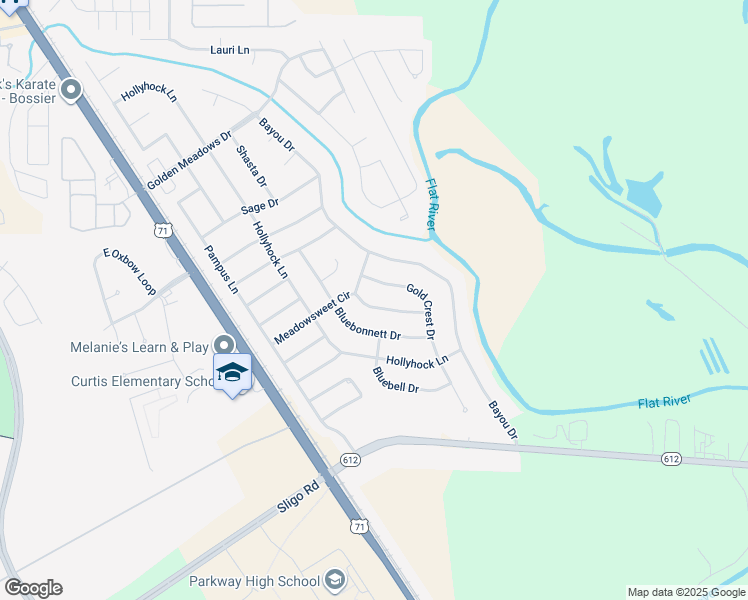 map of restaurants, bars, coffee shops, grocery stores, and more near 5527 Meadowsweet Circle in Bossier City