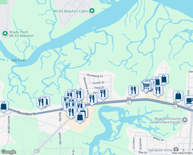 map of restaurants, bars, coffee shops, grocery stores, and more near 2813 Riverbank Drive in Beaufort