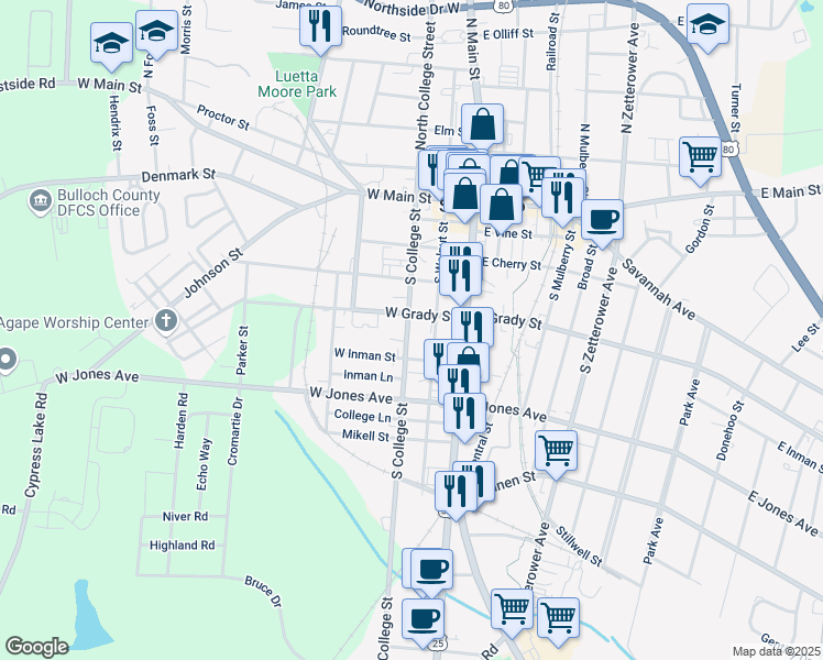 map of restaurants, bars, coffee shops, grocery stores, and more near 202 South College Street in Statesboro