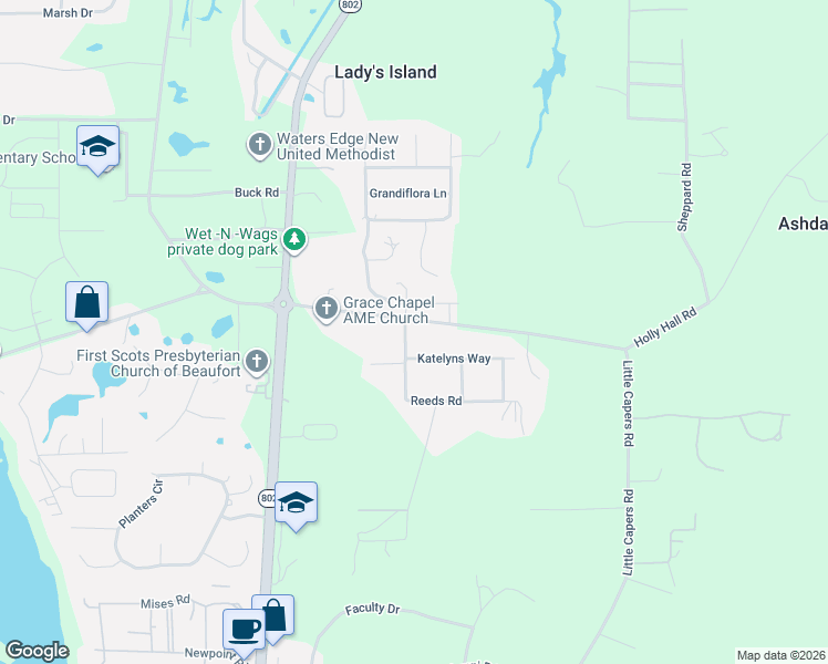 map of restaurants, bars, coffee shops, grocery stores, and more near 3 Reeds Road in Beaufort