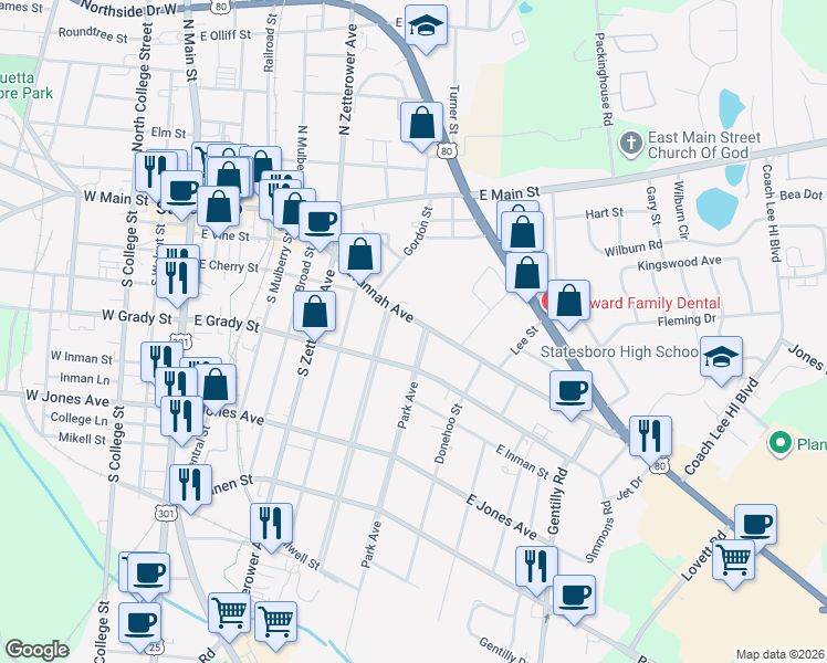 map of restaurants, bars, coffee shops, grocery stores, and more near 308 Savannah Avenue in Statesboro