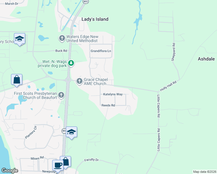 map of restaurants, bars, coffee shops, grocery stores, and more near 56 Holly Hall Road in Beaufort
