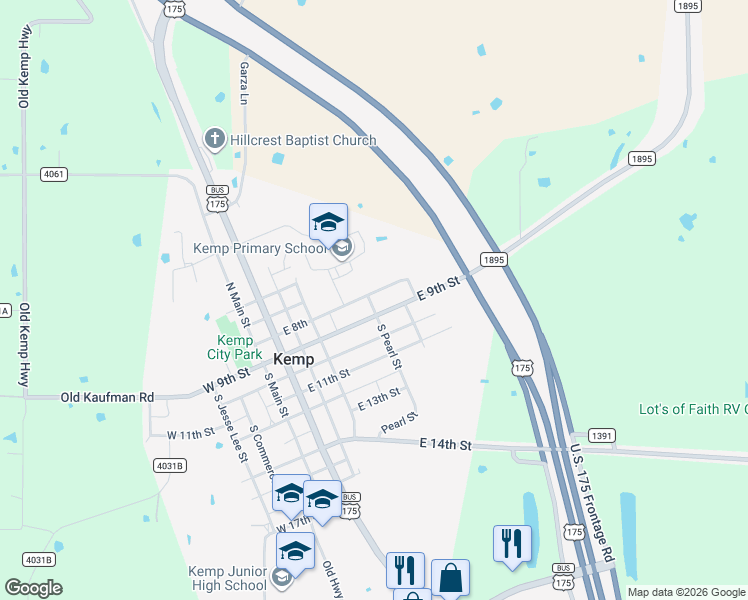map of restaurants, bars, coffee shops, grocery stores, and more near 612 East 8th Street in Kemp