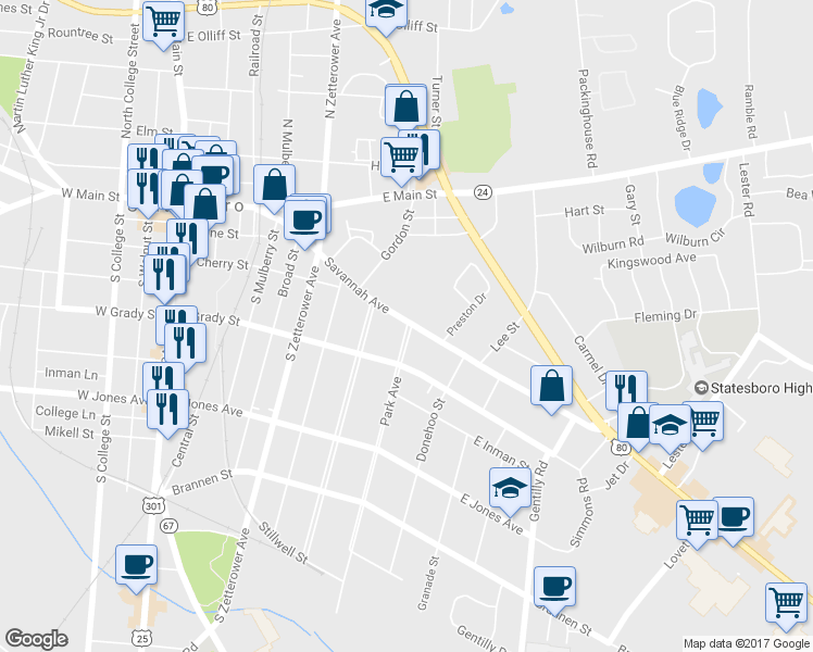 map of restaurants, bars, coffee shops, grocery stores, and more near 103 Park Avenue in Statesboro