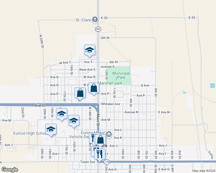 map of restaurants, bars, coffee shops, grocery stores, and more near 1610 12th Street in Eunice
