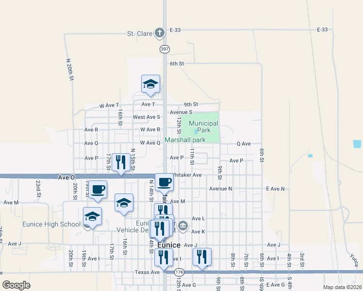 map of restaurants, bars, coffee shops, grocery stores, and more near 1610 12th Street in Eunice