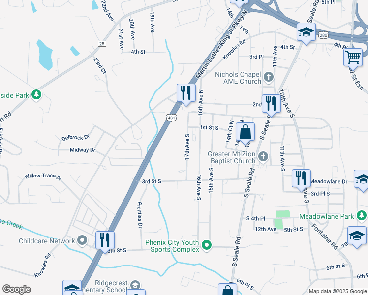 map of restaurants, bars, coffee shops, grocery stores, and more near 200 17th Avenue South in Phenix City