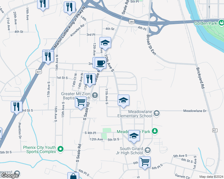 map of restaurants, bars, coffee shops, grocery stores, and more near 383-399 Loop Stough Apartment in Phenix City