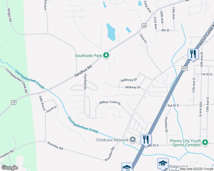 map of restaurants, bars, coffee shops, grocery stores, and more near 2413 Midway Dr in Phenix City