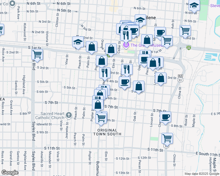 map of restaurants, bars, coffee shops, grocery stores, and more near 433 Elm Street in Abilene