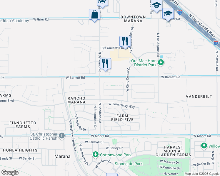 map of restaurants, bars, coffee shops, grocery stores, and more near 11746 West Claudina Street in Marana
