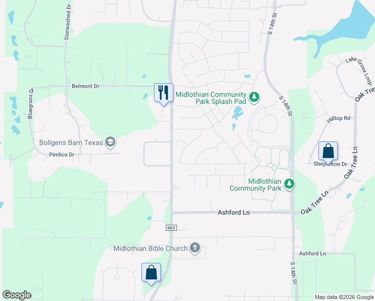 map of restaurants, bars, coffee shops, grocery stores, and more near 3438 Ava Drive in Midlothian