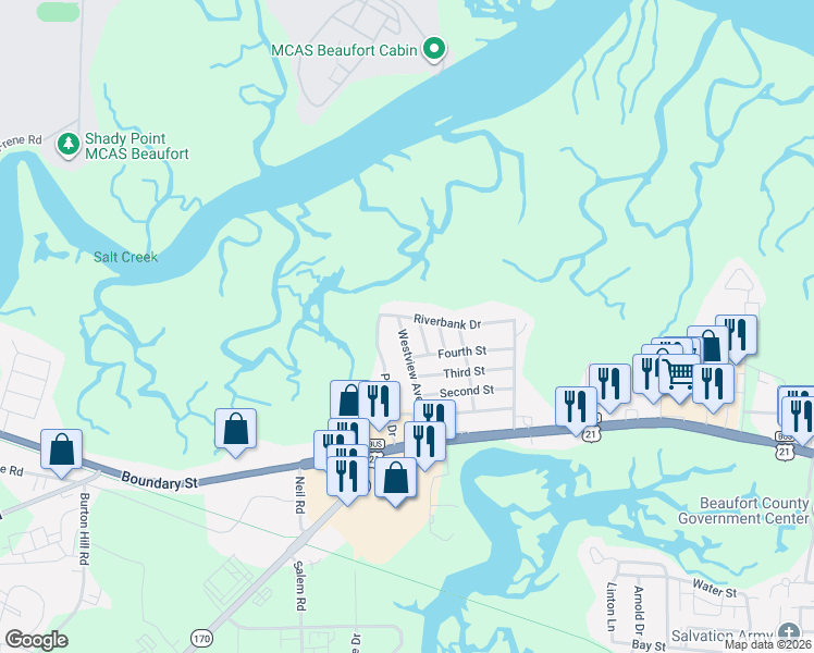 map of restaurants, bars, coffee shops, grocery stores, and more near 2914 Riverbank Drive in Beaufort