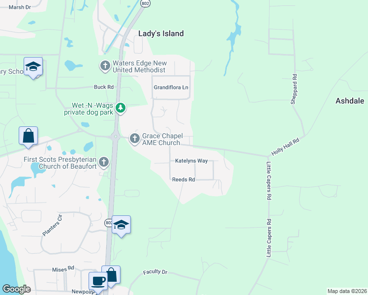 map of restaurants, bars, coffee shops, grocery stores, and more near 56 Holly Hall Road in Beaufort