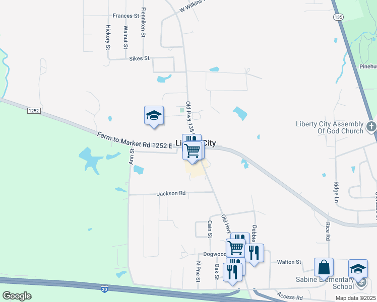 map of restaurants, bars, coffee shops, grocery stores, and more near 5307 Farm to Market Road 1252 East in Kilgore