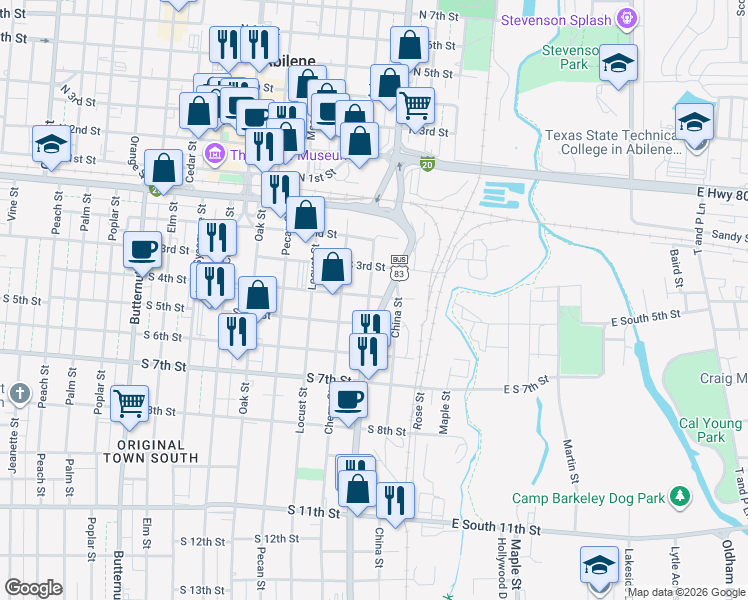 map of restaurants, bars, coffee shops, grocery stores, and more near 409 Willow Street in Abilene