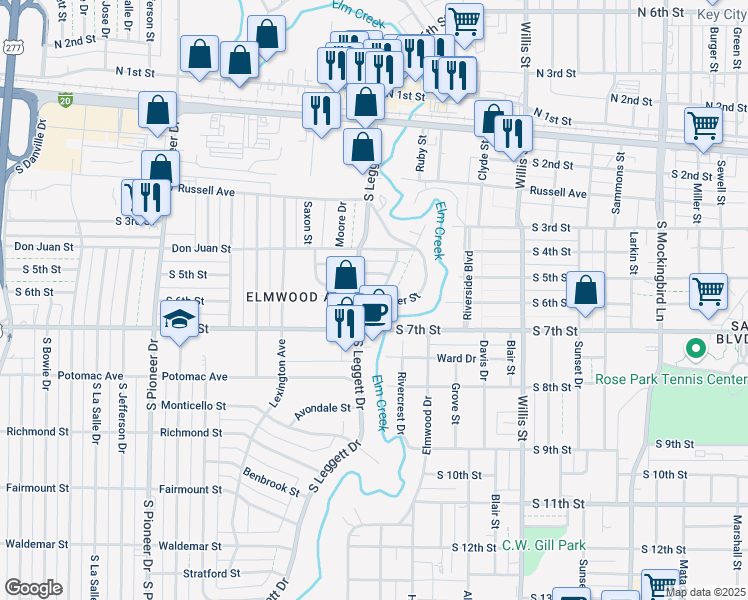map of restaurants, bars, coffee shops, grocery stores, and more near 3942 Whittier Street in Abilene