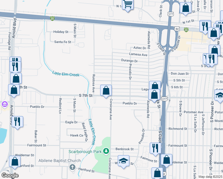 map of restaurants, bars, coffee shops, grocery stores, and more near 5401 Laguna Drive in Abilene