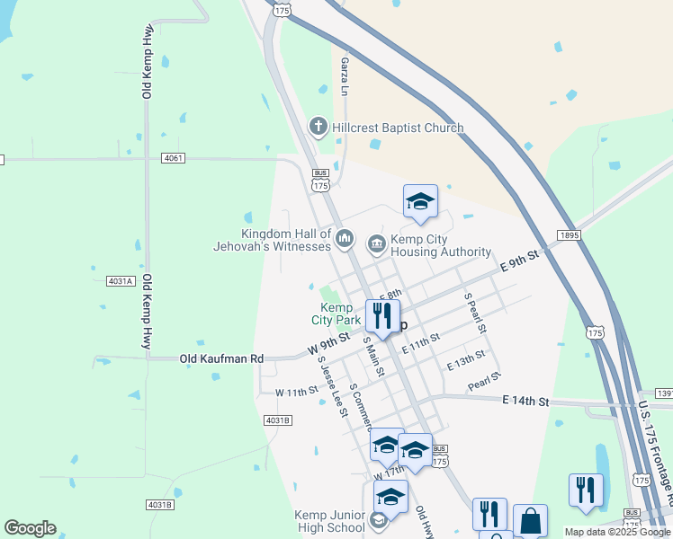 map of restaurants, bars, coffee shops, grocery stores, and more near 401 North Main Street in Kemp