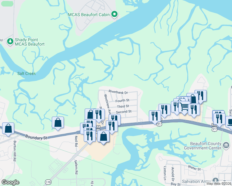 map of restaurants, bars, coffee shops, grocery stores, and more near 2813 Riverbank Drive in Beaufort