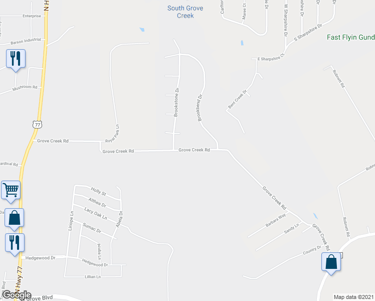 map of restaurants, bars, coffee shops, grocery stores, and more near Grove Creek Road in Waxahachie