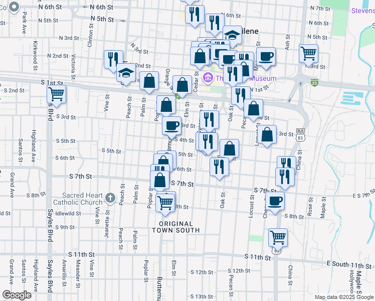 map of restaurants, bars, coffee shops, grocery stores, and more near 433 Elm Street in Abilene