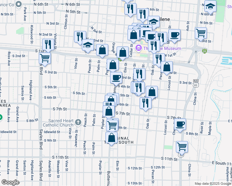 map of restaurants, bars, coffee shops, grocery stores, and more near 441 Butternut Street in Abilene