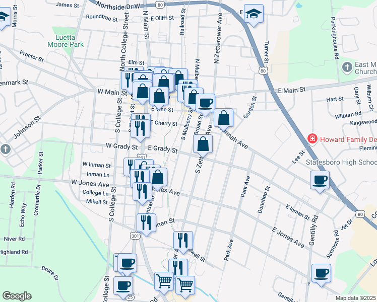 map of restaurants, bars, coffee shops, grocery stores, and more near 111 East Grady Street in Statesboro