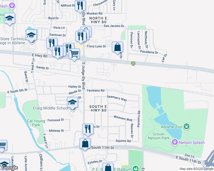 map of restaurants, bars, coffee shops, grocery stores, and more near 1250 Yeomans Road in Abilene