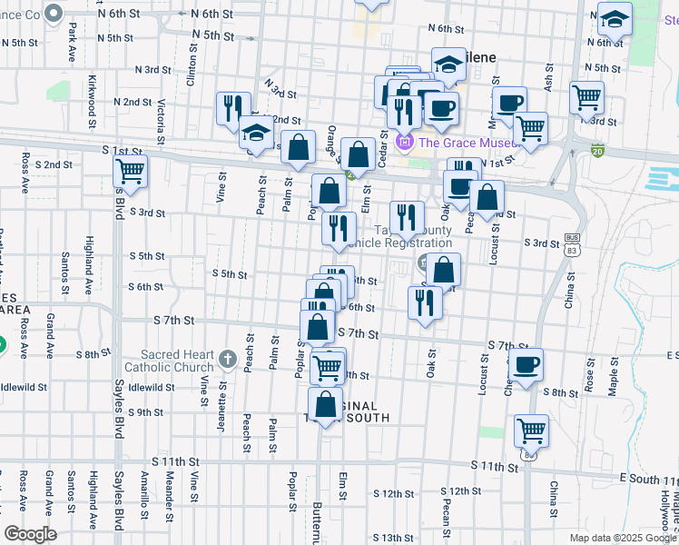 map of restaurants, bars, coffee shops, grocery stores, and more near 441 Butternut Street in Abilene