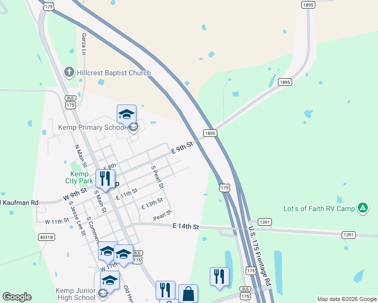 map of restaurants, bars, coffee shops, grocery stores, and more near 908 East 9th Street in Kemp