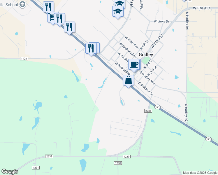 map of restaurants, bars, coffee shops, grocery stores, and more near 201 Texas 171 in Godley