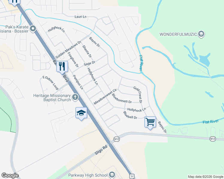 map of restaurants, bars, coffee shops, grocery stores, and more near 5501 Meadowsweet Circle in Bossier City