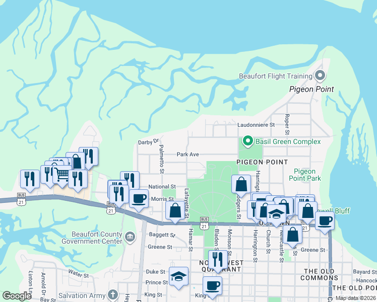 map of restaurants, bars, coffee shops, grocery stores, and more near 1707 Park Avenue in Beaufort