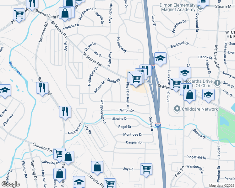 map of restaurants, bars, coffee shops, grocery stores, and more near 169 Bob-O-Link Drive in Columbus