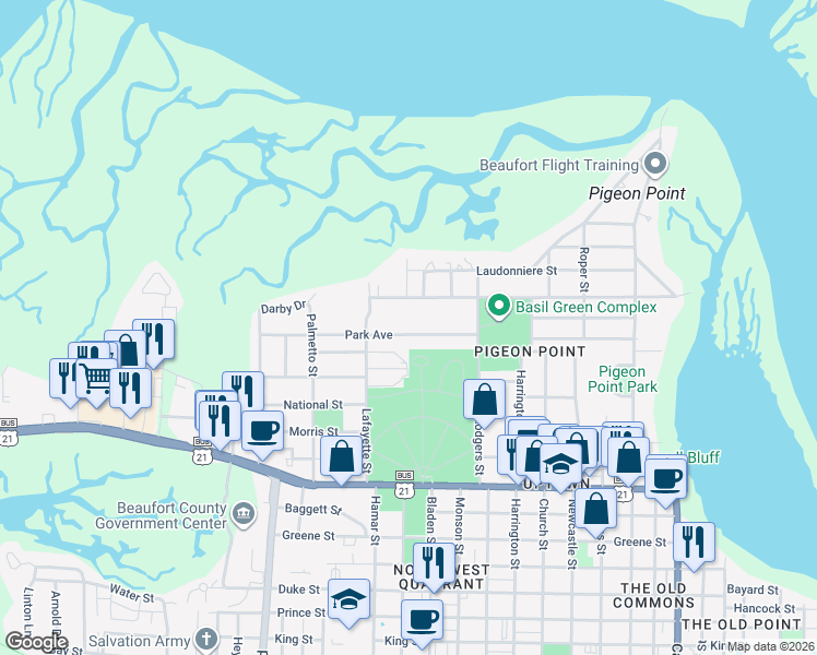 map of restaurants, bars, coffee shops, grocery stores, and more near 1605 Park Avenue in Beaufort