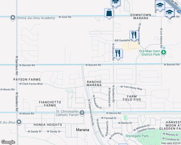 map of restaurants, bars, coffee shops, grocery stores, and more near 11801-12169 West Barnett Road in Marana