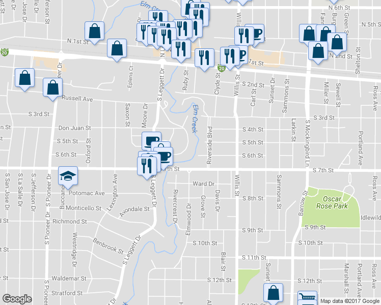 map of restaurants, bars, coffee shops, grocery stores, and more near 3841 Whittier Street in Abilene