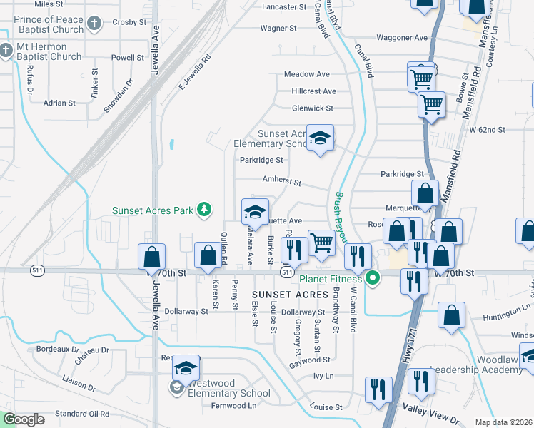 map of restaurants, bars, coffee shops, grocery stores, and more near 6646 Burke Street in Shreveport