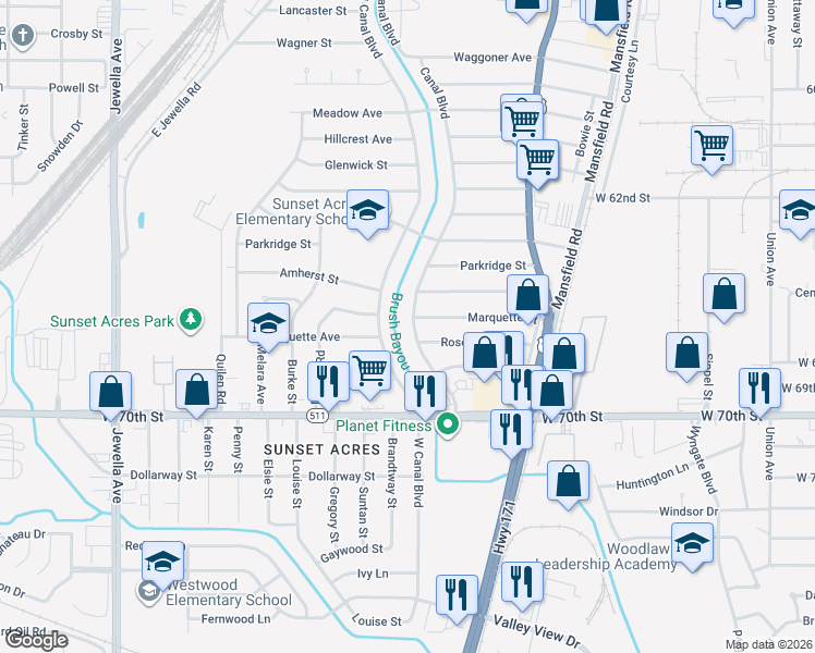 map of restaurants, bars, coffee shops, grocery stores, and more near 6712 Canal Boulevard in Shreveport