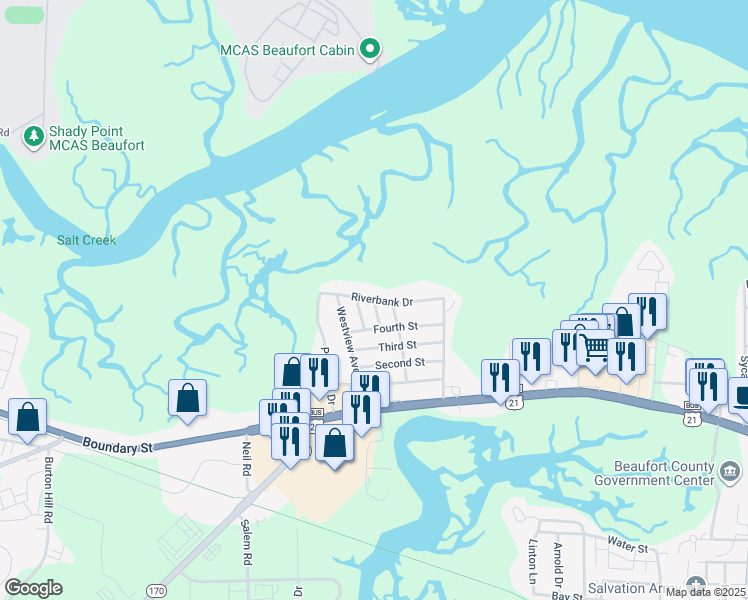 map of restaurants, bars, coffee shops, grocery stores, and more near Riverbank Drive in Beaufort